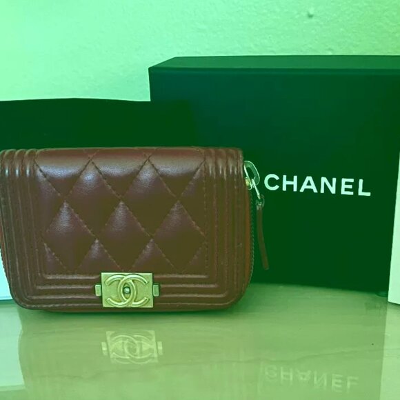 CHANEL Handbags - CHANEL Red Lambskin Quilted Boy Zip Around Coin Purse Wallet